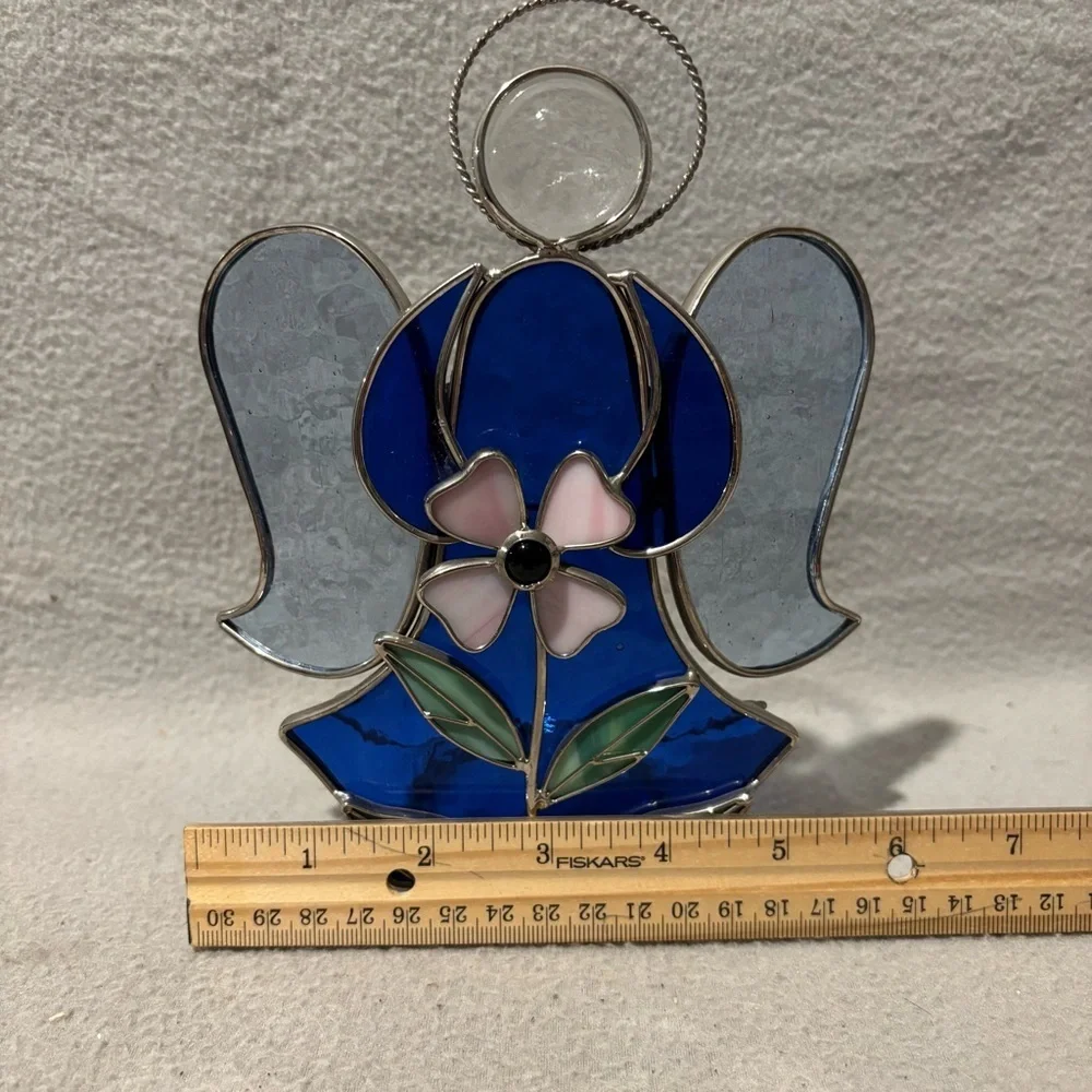 Vintage Heavenly Stained Glass Angel Tealight Candle Holder Blue with flower